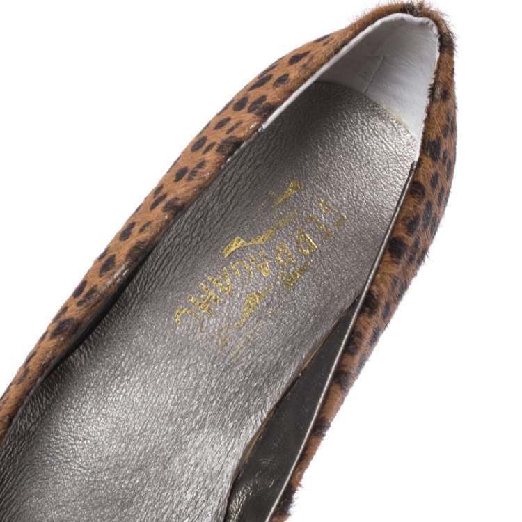 Pre Owned Salvatore Ferragamo Leopard Print Pony Hair And Patent Leather Sun Ballet Flats Size 37