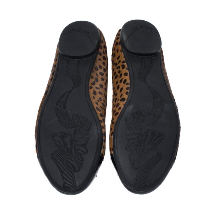 Pre Owned Salvatore Ferragamo Leopard Print Pony Hair And Patent Leather Sun Ballet Flats Size 37