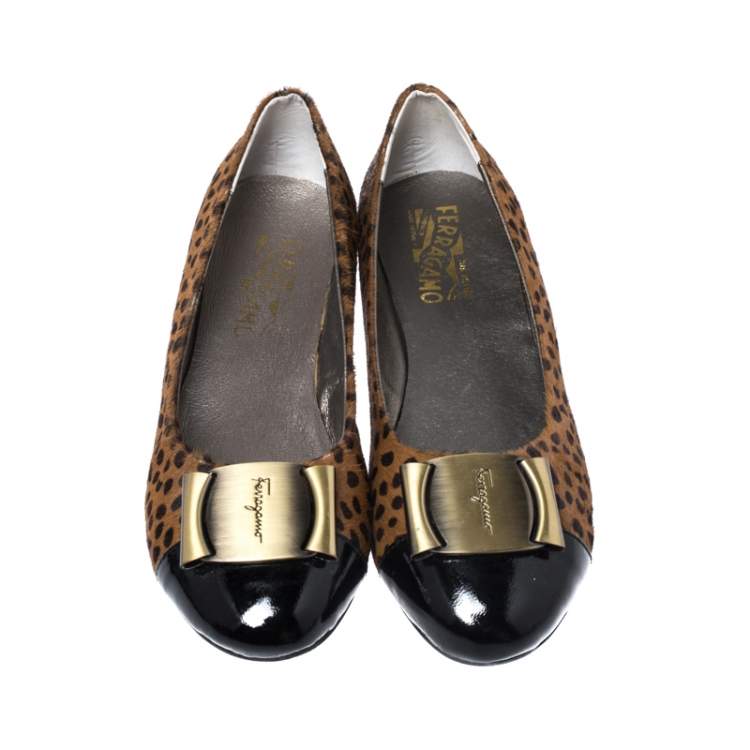 Pre Owned Salvatore Ferragamo Leopard Print Pony Hair And Patent Leather Sun Ballet Flats Size 37