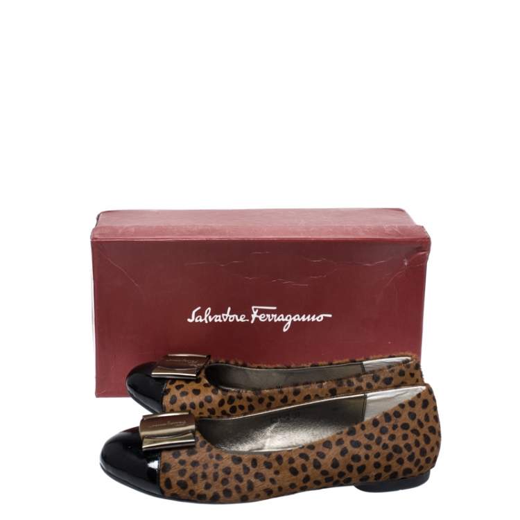 Pre Owned Salvatore Ferragamo Leopard Print Pony Hair And Patent Leather Sun Ballet Flats Size 37