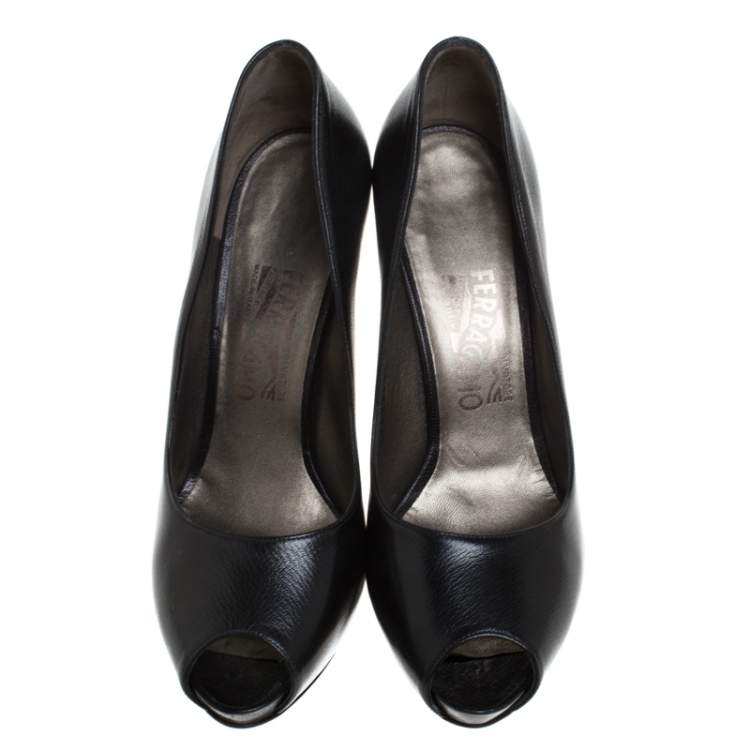 Pre Owned Salvatore Ferragamo Black Leather Fiordaliso Peep Toe Platform Pumps Size 38.5