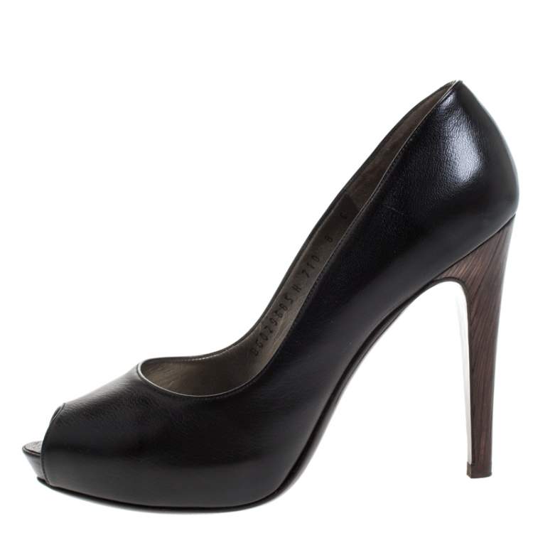 Pre Owned Salvatore Ferragamo Black Leather Fiordaliso Peep Toe Platform Pumps Size 38.5