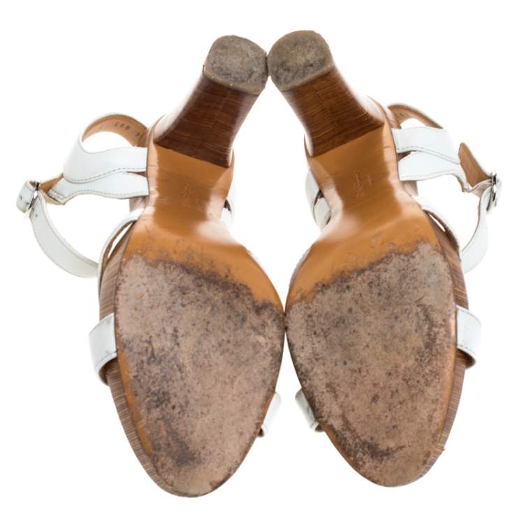 Pre Owned Salvatore Ferragamo White/Brown Textured Leather Open Toe Ankle Strap Sandals Size 39.5