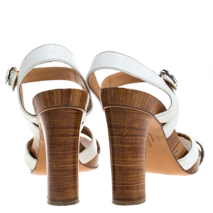 Pre Owned Salvatore Ferragamo White/Brown Textured Leather Open Toe Ankle Strap Sandals Size 39.5