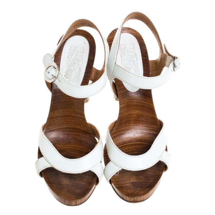 Pre Owned Salvatore Ferragamo White/Brown Textured Leather Open Toe Ankle Strap Sandals Size 39.5