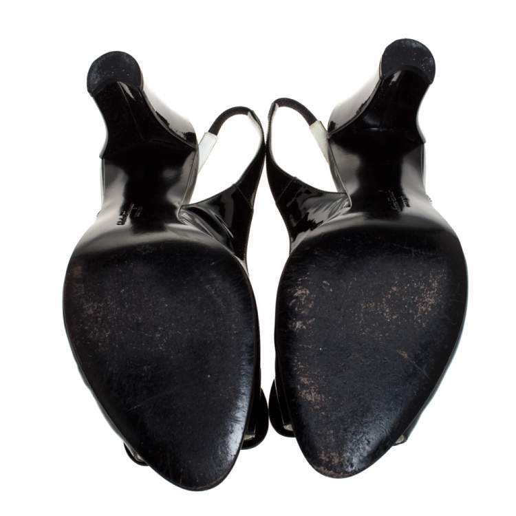 Pre Owned Salvatore Ferragamo Black Patent Leather Bow Peep Toe Slingback Sandals Size 41