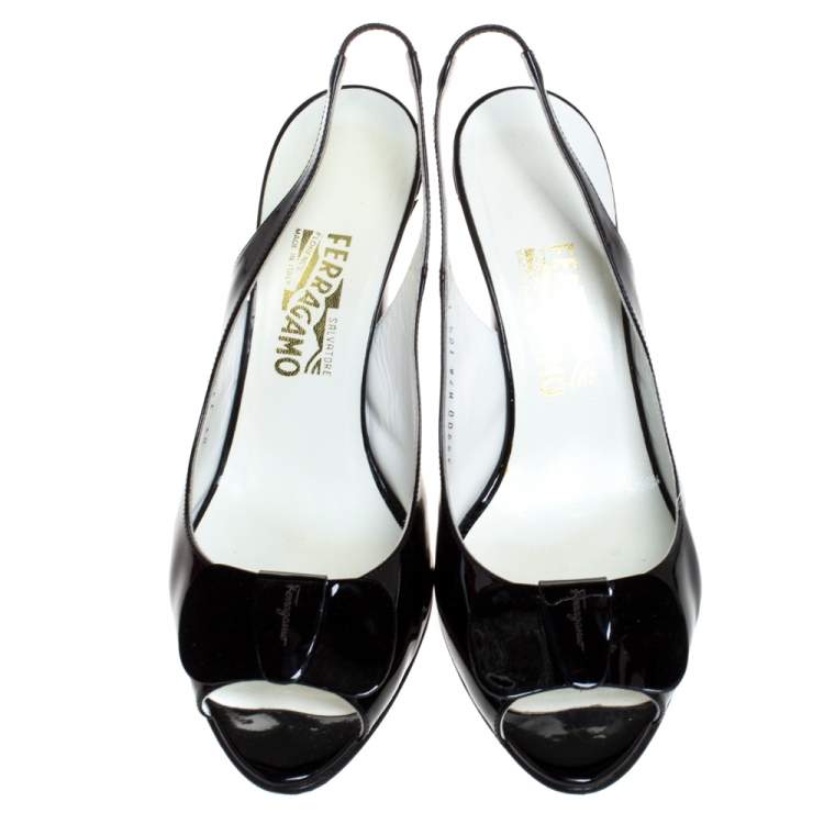 Pre Owned Salvatore Ferragamo Black Patent Leather Bow Peep Toe Slingback Sandals Size 41