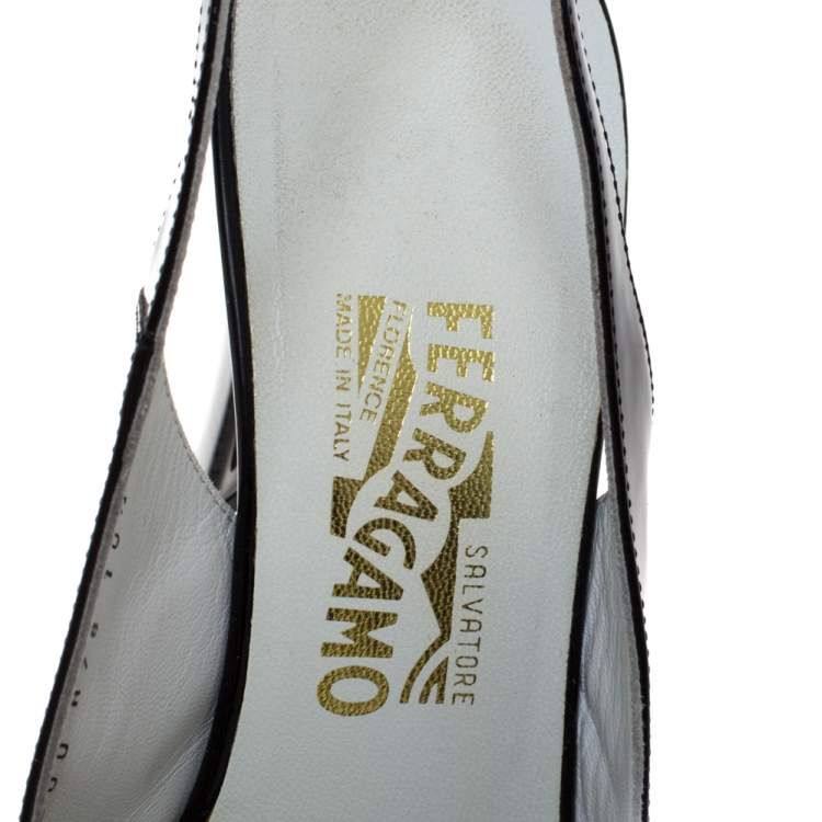 Pre Owned Salvatore Ferragamo Black Patent Leather Bow Peep Toe Slingback Sandals Size 41
