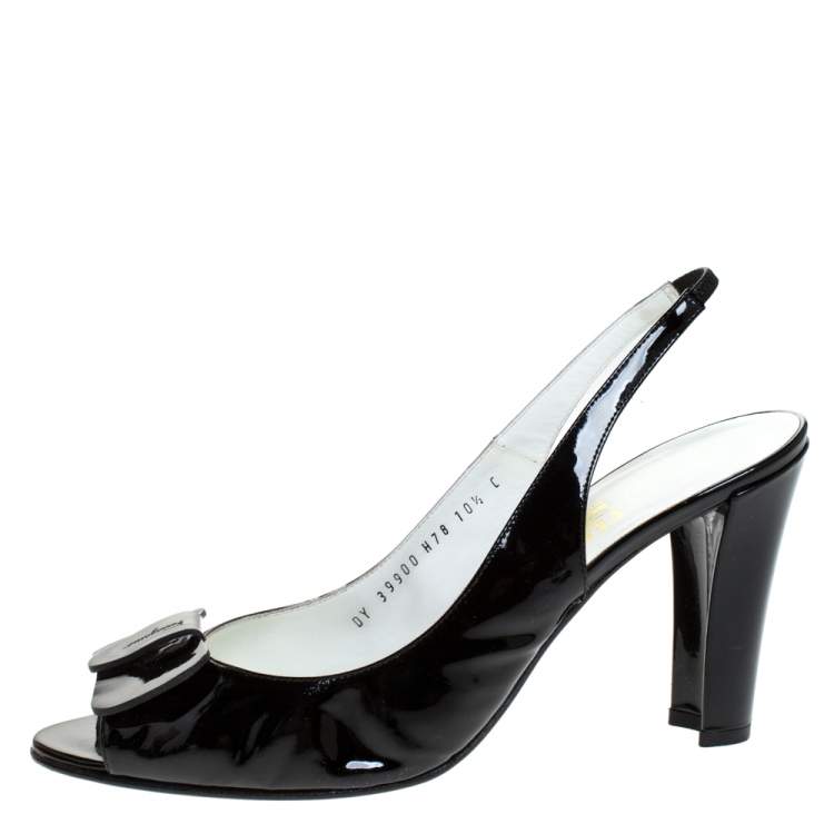Pre Owned Salvatore Ferragamo Black Patent Leather Bow Peep Toe Slingback Sandals Size 41