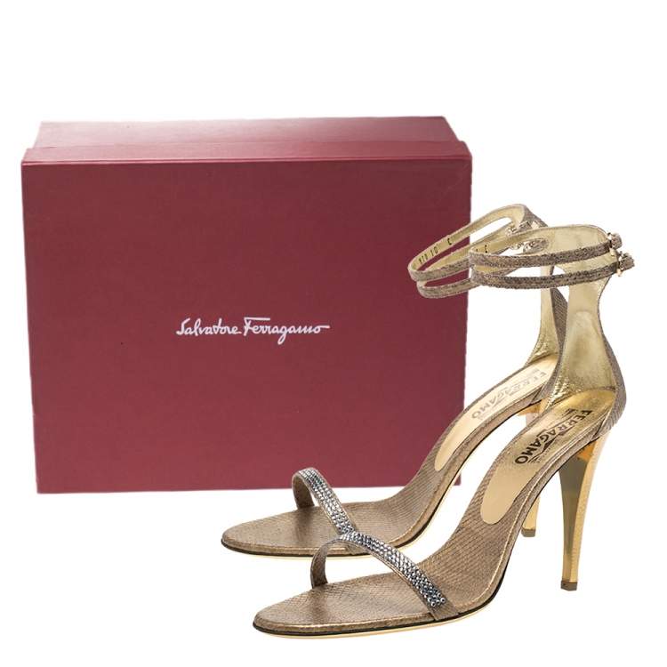 Pre Owned Salvatore Ferragamo Gold Snakeskin Tirosana Ankle Strap Sandals Size 40.5