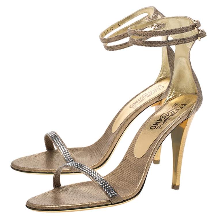 Pre Owned Salvatore Ferragamo Gold Snakeskin Tirosana Ankle Strap Sandals Size 40.5