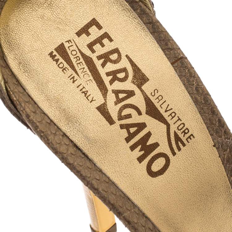 Pre Owned Salvatore Ferragamo Gold Snakeskin Tirosana Ankle Strap Sandals Size 40.5