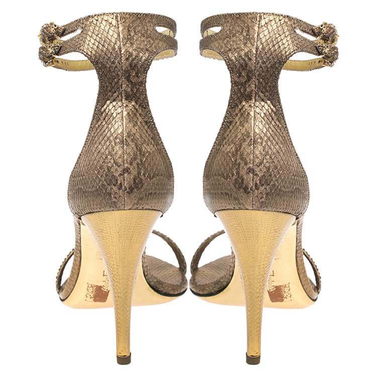 Pre Owned Salvatore Ferragamo Gold Snakeskin Tirosana Ankle Strap Sandals Size 40.5