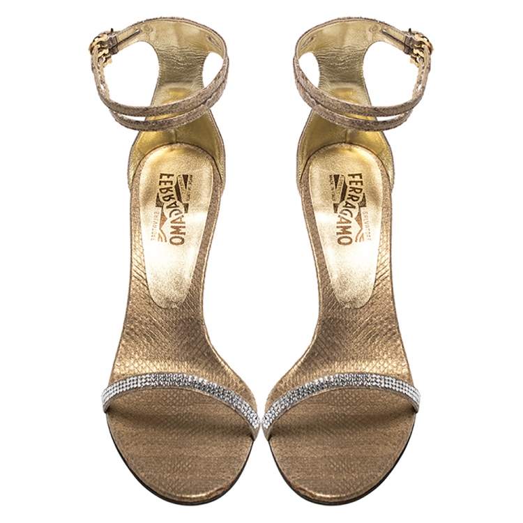 Pre Owned Salvatore Ferragamo Gold Snakeskin Tirosana Ankle Strap Sandals Size 40.5