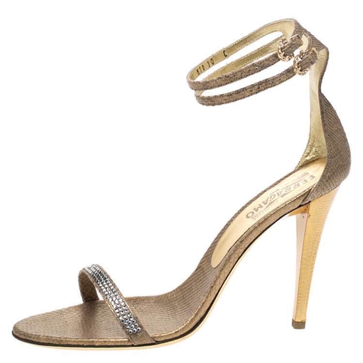 Pre Owned Salvatore Ferragamo Gold Snakeskin Tirosana Ankle Strap Sandals Size 40.5