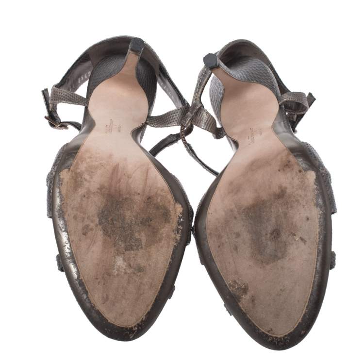 Pre Owned Salvatore Ferragamo Metallic Grey Snake Embossed Leather Linda Sandals Size 40.5