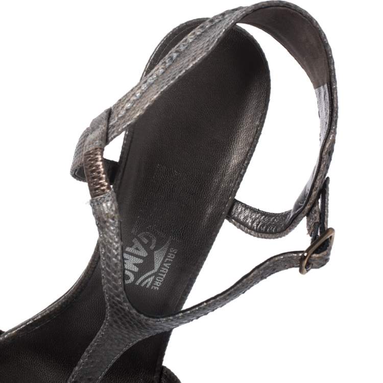 Pre Owned Salvatore Ferragamo Metallic Grey Snake Embossed Leather Linda Sandals Size 40.5
