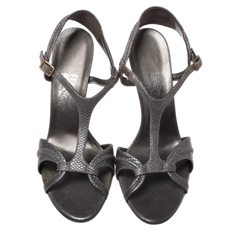 Pre Owned Salvatore Ferragamo Metallic Grey Snake Embossed Leather Linda Sandals Size 40.5