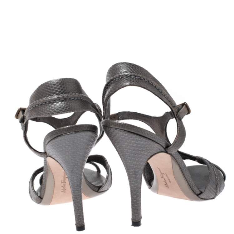 Pre Owned Salvatore Ferragamo Metallic Grey Snake Embossed Leather Linda Sandals Size 40.5