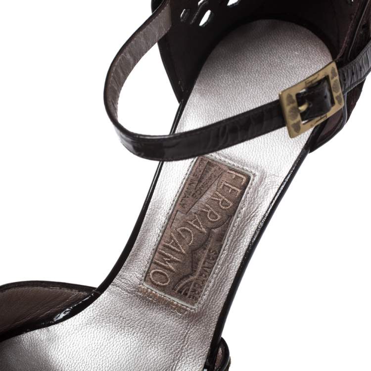 Pre Owned Salvatore Ferragamo Brown Cut Out Suede And Velvet Rarete Ankle Strap Sandals Size 41