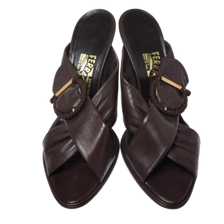 Pre Owned Salvatore Ferragamo Dark Brown Leather Criss Cross Buckle Sandals Size 41