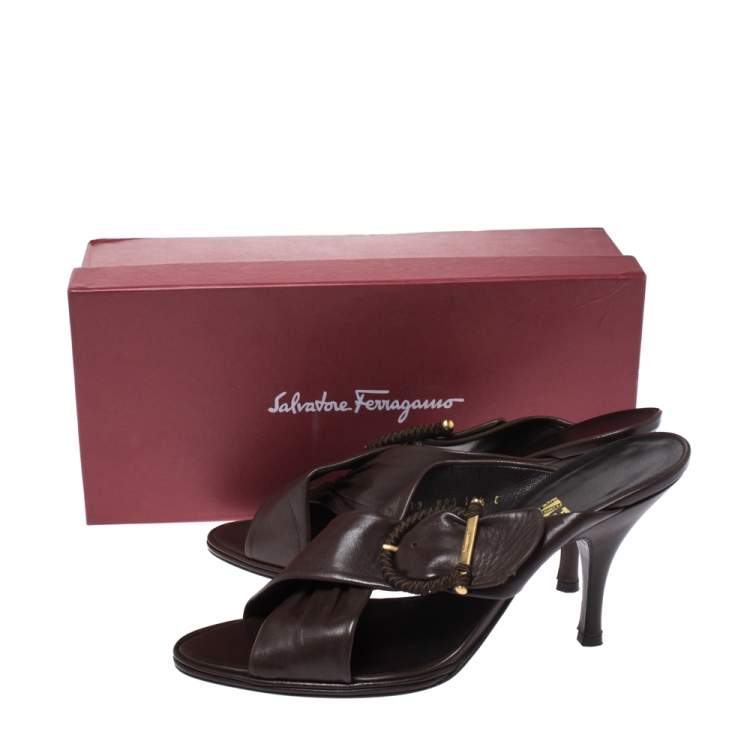 Pre Owned Salvatore Ferragamo Dark Brown Leather Criss Cross Buckle Sandals Size 41