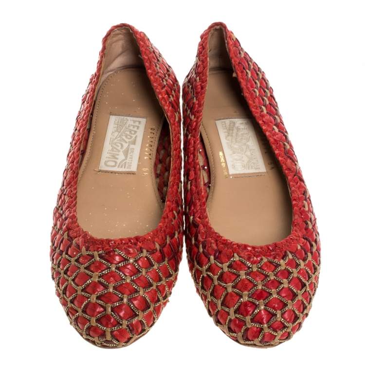 Pre Owned Salvatore Ferragamo Wooven Leather Eracla Ballet Flats Size 37