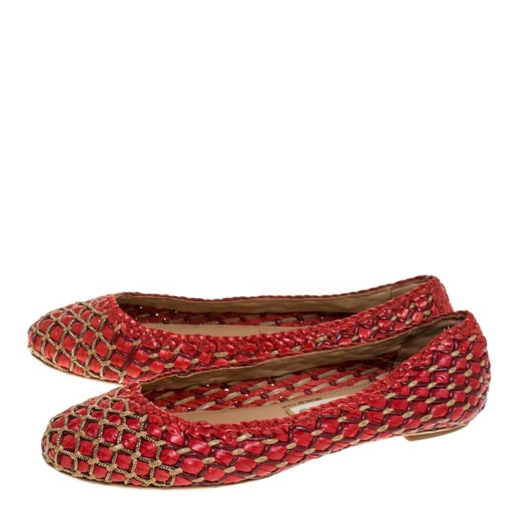 Pre Owned Salvatore Ferragamo Wooven Leather Eracla Ballet Flats Size 37