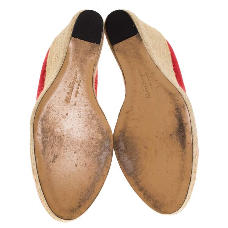 Pre Owned Salvatore Ferragamo Red Suede Bernie Espadrille Wedge Platform Pumps Size 40
