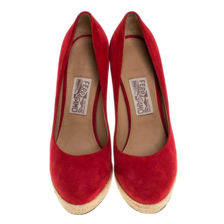 Pre Owned Salvatore Ferragamo Red Suede Bernie Espadrille Wedge Platform Pumps Size 40