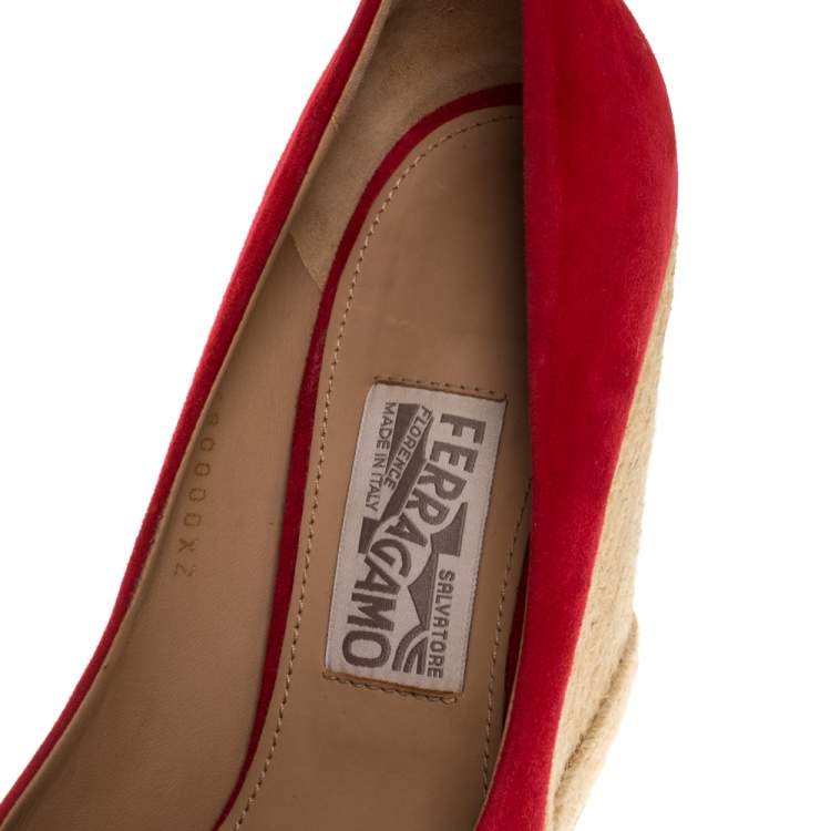 Pre Owned Salvatore Ferragamo Red Suede Bernie Espadrille Wedge Platform Pumps Size 40