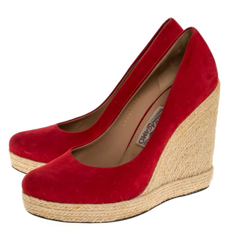 Pre Owned Salvatore Ferragamo Red Suede Bernie Espadrille Wedge Platform Pumps Size 40