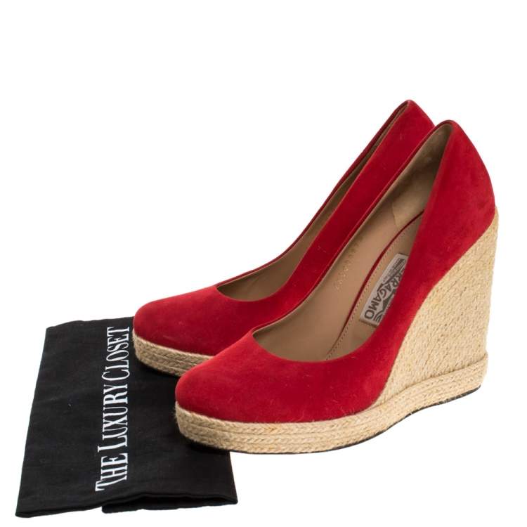 Pre Owned Salvatore Ferragamo Red Suede Bernie Espadrille Wedge Platform Pumps Size 40