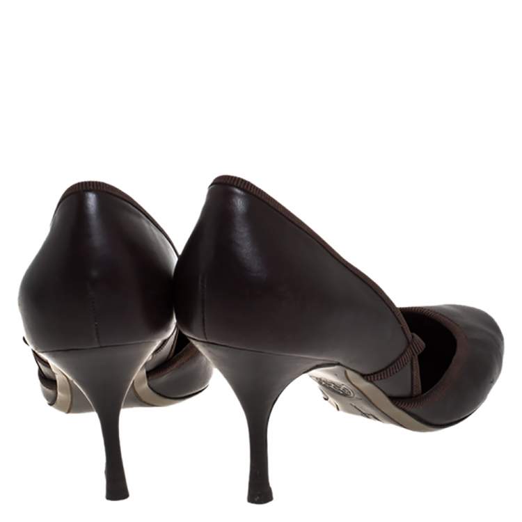 Pre Owned Salvatore Ferragamo Brown Leather And Grosgrain Trim Bow Round Toe Pumps Size 36.5