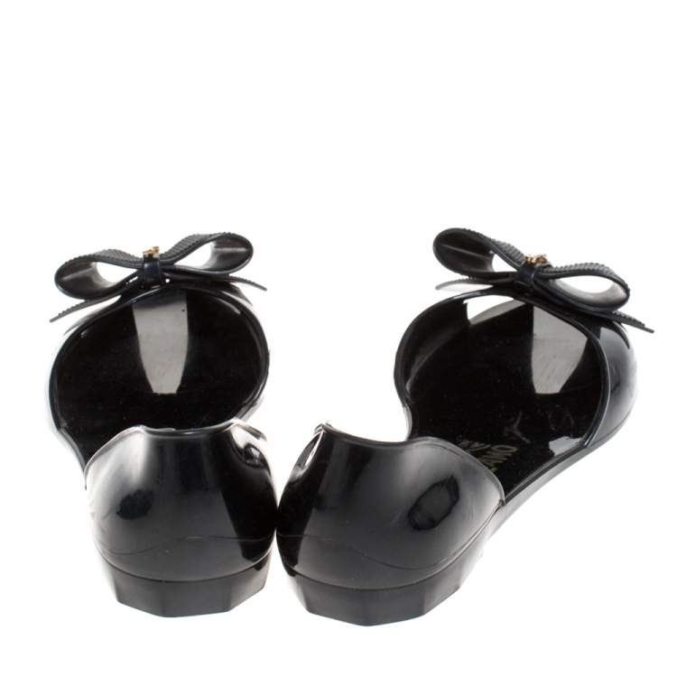 Pre Owned Salvatore Ferragamo Black Jelly Barbados Bow Flats Size 38.5