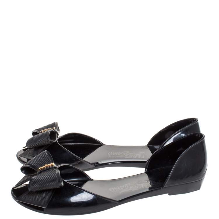 Pre Owned Salvatore Ferragamo Black Jelly Barbados Bow Flats Size 38.5