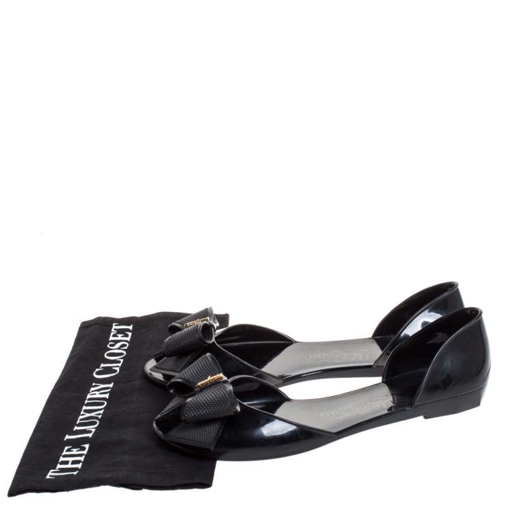 Pre Owned Salvatore Ferragamo Black Jelly Barbados Bow Flats Size 38.5