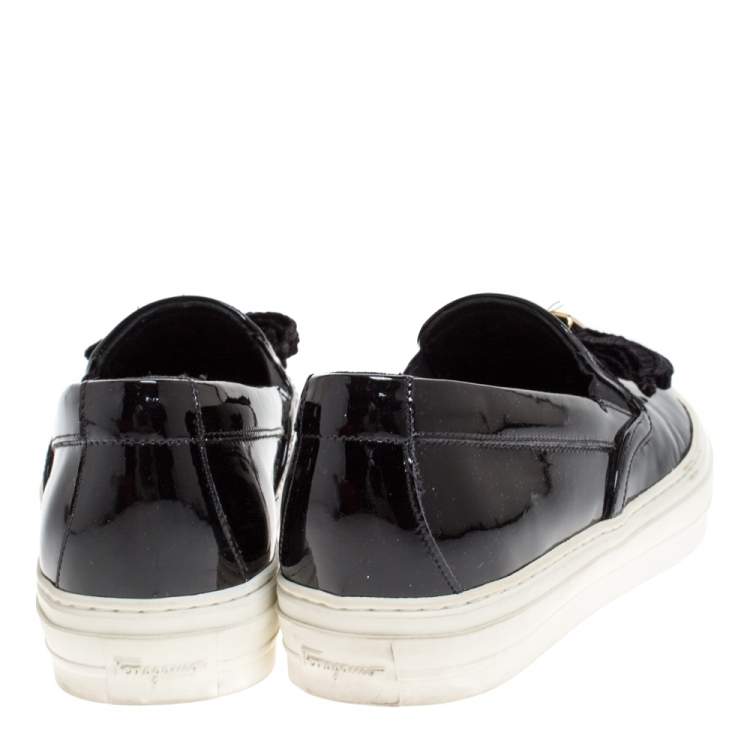 Pre Owned Salvatore Ferragamo Black Patent Leather Bow Slip On Sneakers Size 36.5