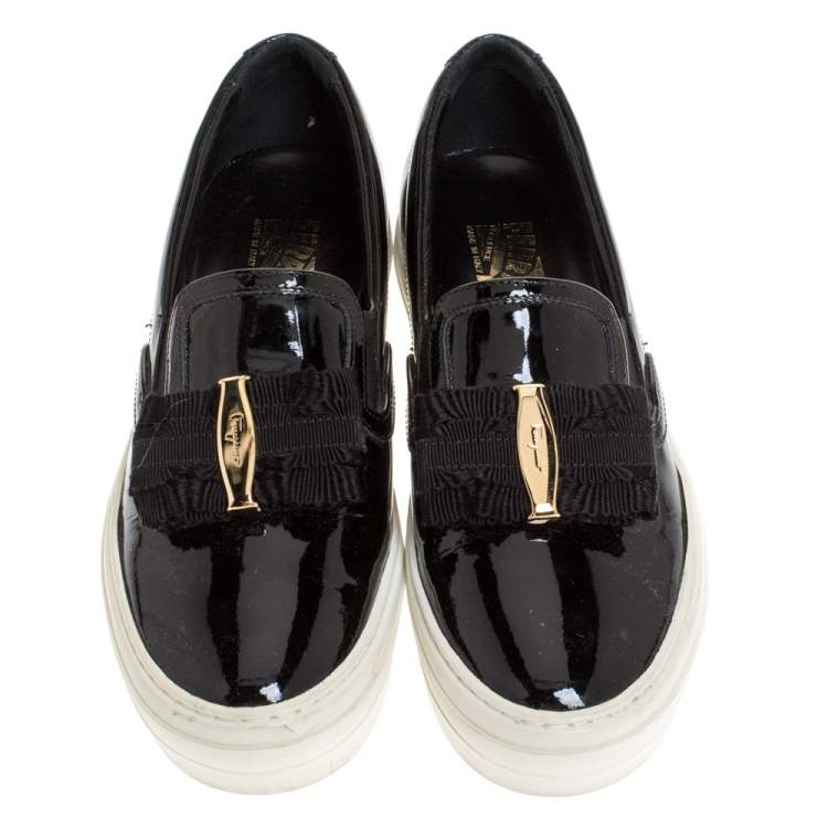 Pre Owned Salvatore Ferragamo Black Patent Leather Bow Slip On Sneakers Size 36.5