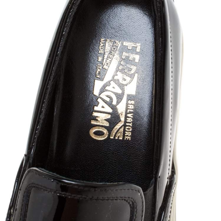 Pre Owned Salvatore Ferragamo Black Patent Leather Bow Slip On Sneakers Size 36.5