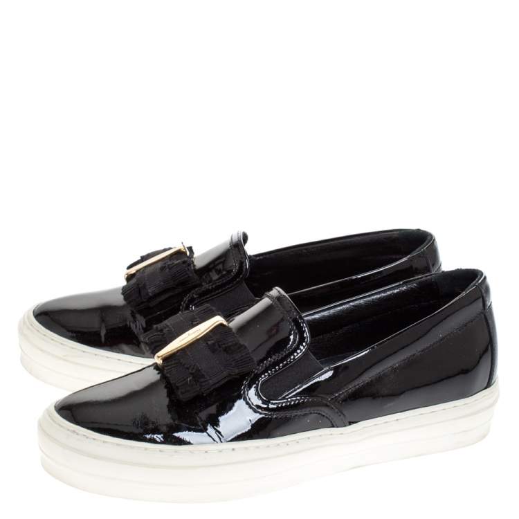 Pre Owned Salvatore Ferragamo Black Patent Leather Bow Slip On Sneakers Size 36.5