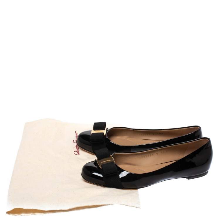 Pre Owned Salvatore Ferragamo Black Patent Leather Vara Bow Ballet Flats Size 36