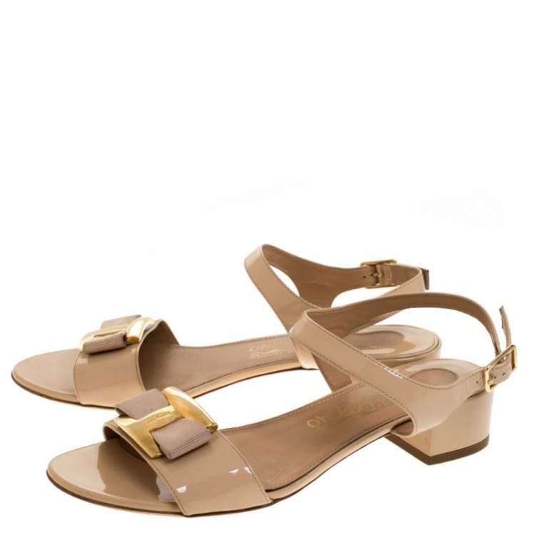 Pre Owned Salvatore Ferragamo Beige Patent Leather Ankle Strap Sandals Size 39.5