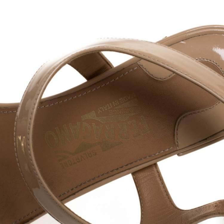 Pre Owned Salvatore Ferragamo Beige Patent Leather Ankle Strap Sandals Size 39.5