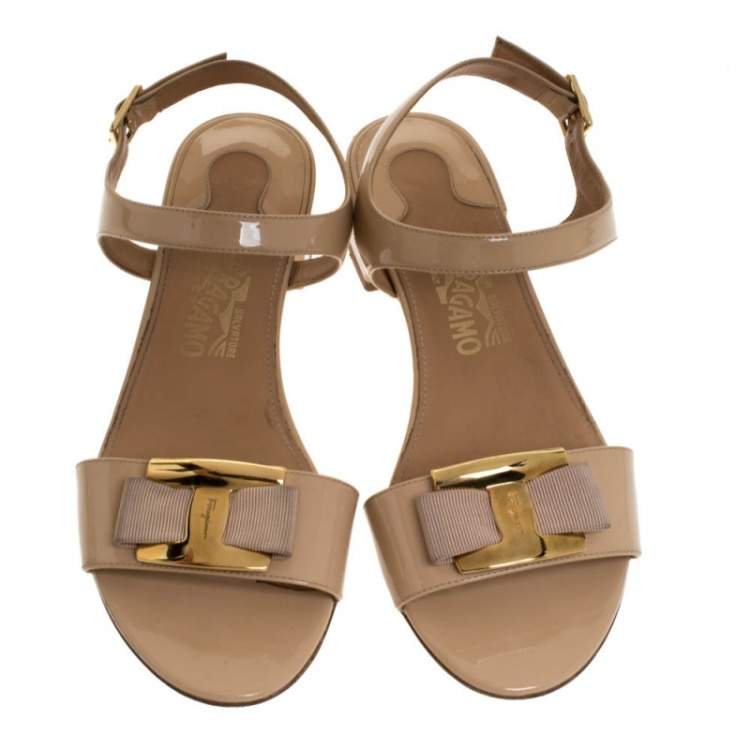 Pre Owned Salvatore Ferragamo Beige Patent Leather Ankle Strap Sandals Size 39.5