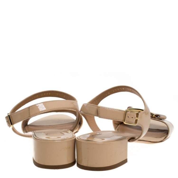 Pre Owned Salvatore Ferragamo Beige Patent Leather Ankle Strap Sandals Size 39.5