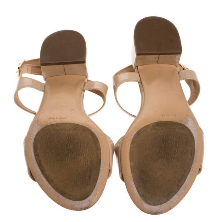 Pre Owned Salvatore Ferragamo Beige Patent Leather Ankle Strap Sandals Size 39.5