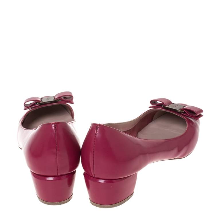 Pre Owned Salvatore Ferragamo Burgundy Leather Vara Bow Block Heel Pumps Size 39.5