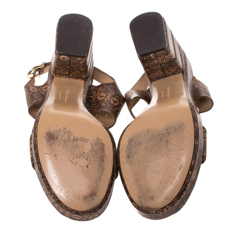Pre Owned Salvatore Ferragamo Black/Peach Snakeskin Embossed Leather Madrina Platform Sandals Size 39