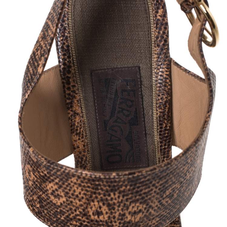 Pre Owned Salvatore Ferragamo Black/Peach Snakeskin Embossed Leather Madrina Platform Sandals Size 39